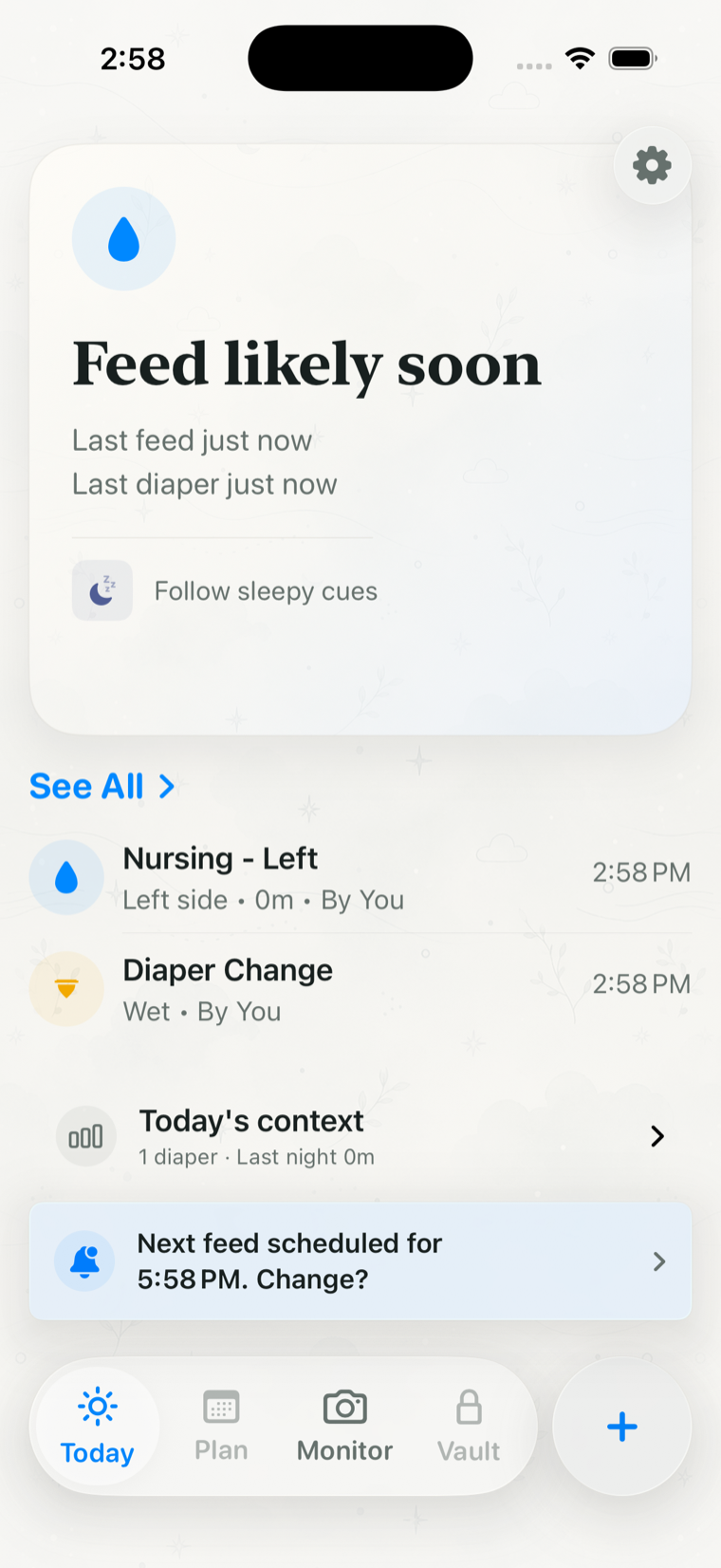 Mila Baby Tracker showing the Today screen with a feed cue, recent activity, today's context, and the bottom section switcher.